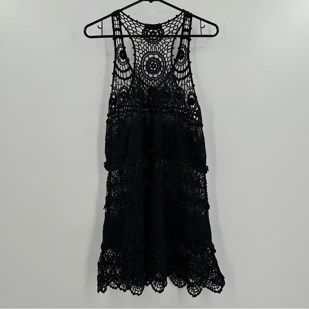 Dasayo Women’s Black Crochet Tiered Sheer Sleeveless Mini Dress Est Size M/L